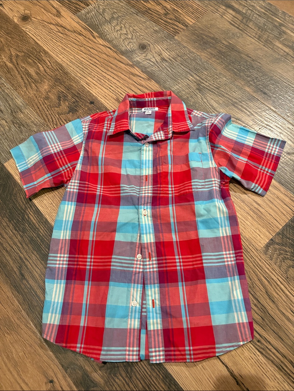 Old Navy Red and Light Blue Plaid Short-Sleeve Button-Down Shirt